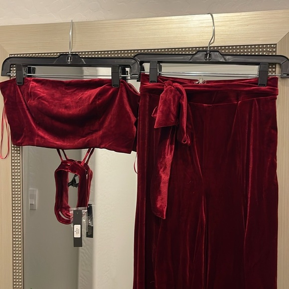 2 piece velvet pants set crop top and pants - BURGUNDY size Large - Picture 2 of 16